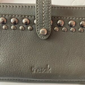 The Sak Iris olive leather Studded Wallet,Crossbody,Wristlet,smart phone holder.